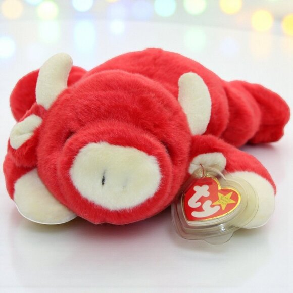 Ty Other - Ty Beanie Baby Snort The Bull Plush Red With Cream Horns & Hooves Retired Collec